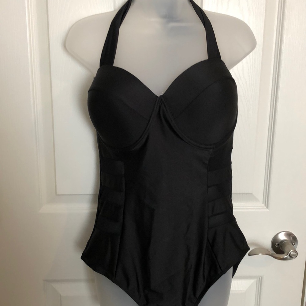 Black halter one piece bathing suit
